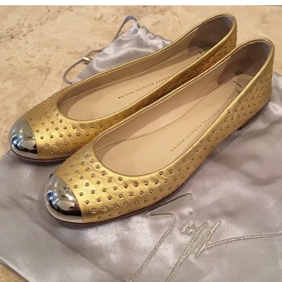 GIUSEPPE ZANITTI Gold Ballet Flats Capped Toe 38.5 - Picture 2 of 8